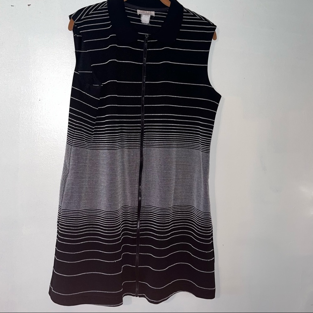 SAND DOLLARS Women Full Zip Dress Black White Striped Sleeveless Size Large